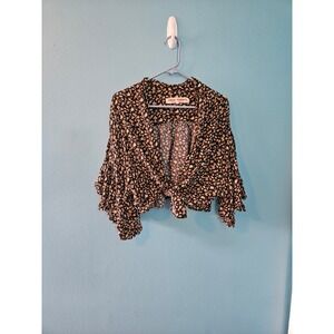 Free People Black Floral Tie Front Crop Top Ruffle Flare Sleeve Blouse Small